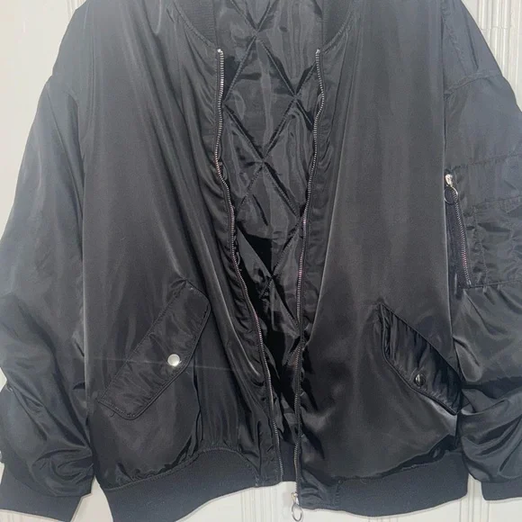 Black Bomber Jacket with Silver Zipper by Sincerely Jules - Size XL - Picture 6 of 9